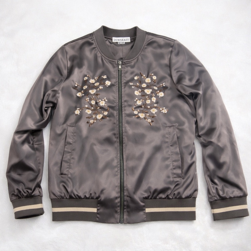 DownEast Charcoal Bomber Jacket with Floral Embroidery‎